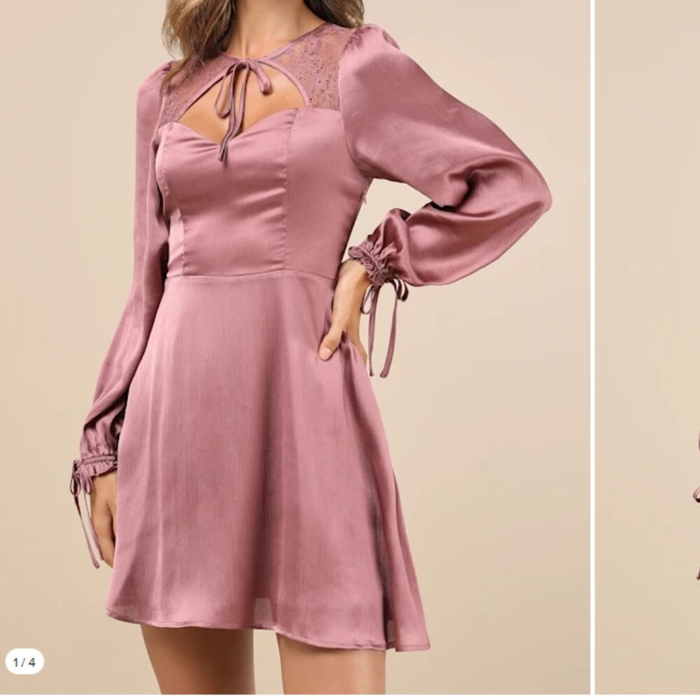 Lulus Consistent Beauty Mauve Pink Lace Cutout Long Sleeve Mini Dress - Size M